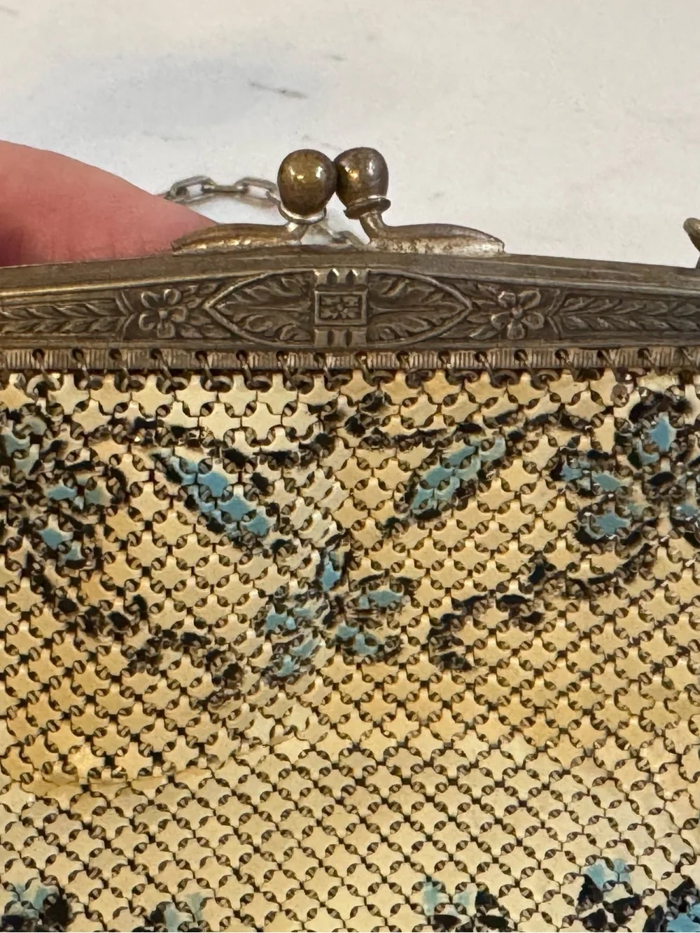 Antique Mandalian Mesh Enamel Flapper Purse Floral w/ Fringe